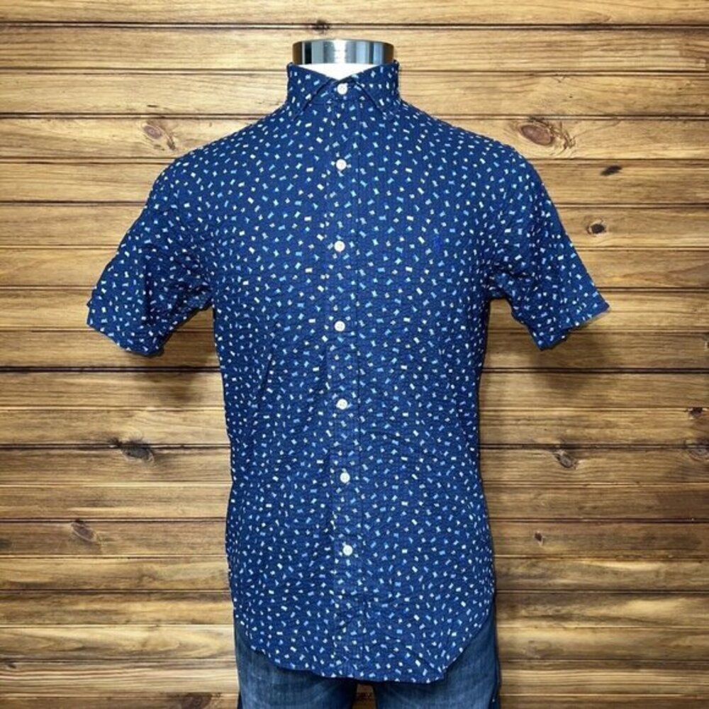 Polo Ralph Lauren Seersucker Shirt Mens Medium RL Flags All Over Print Navy Blue